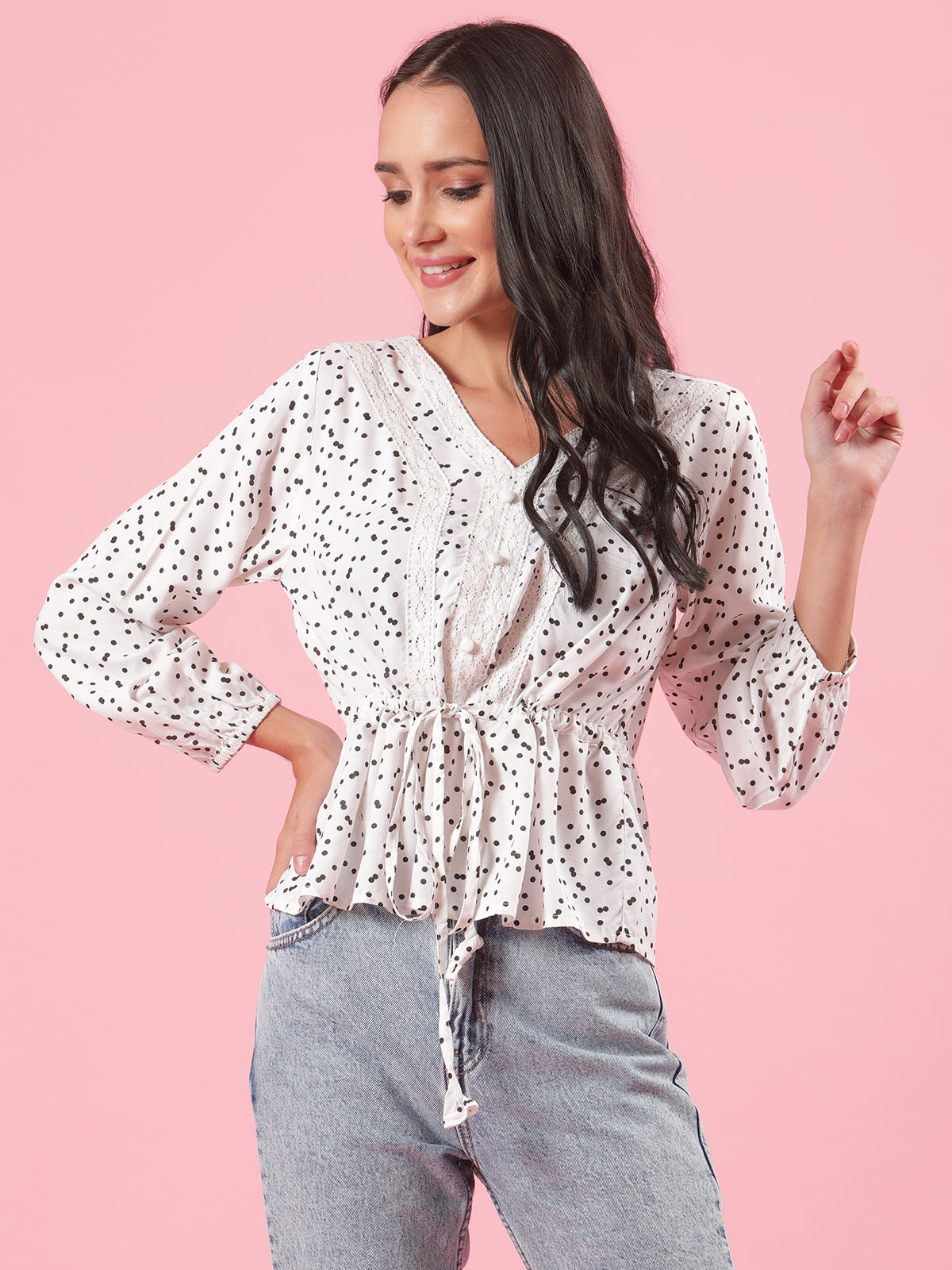 Mono Chrome White and Black Polka Dot Womens Casual Top with Lace and Drawstring Details