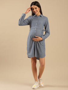 Moira Blue Chambray Dobby Shirt Maternity Dress