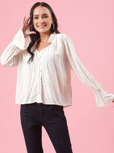 Flourish Me Womens Stylish White Summer Top with Ruffles and Button Details