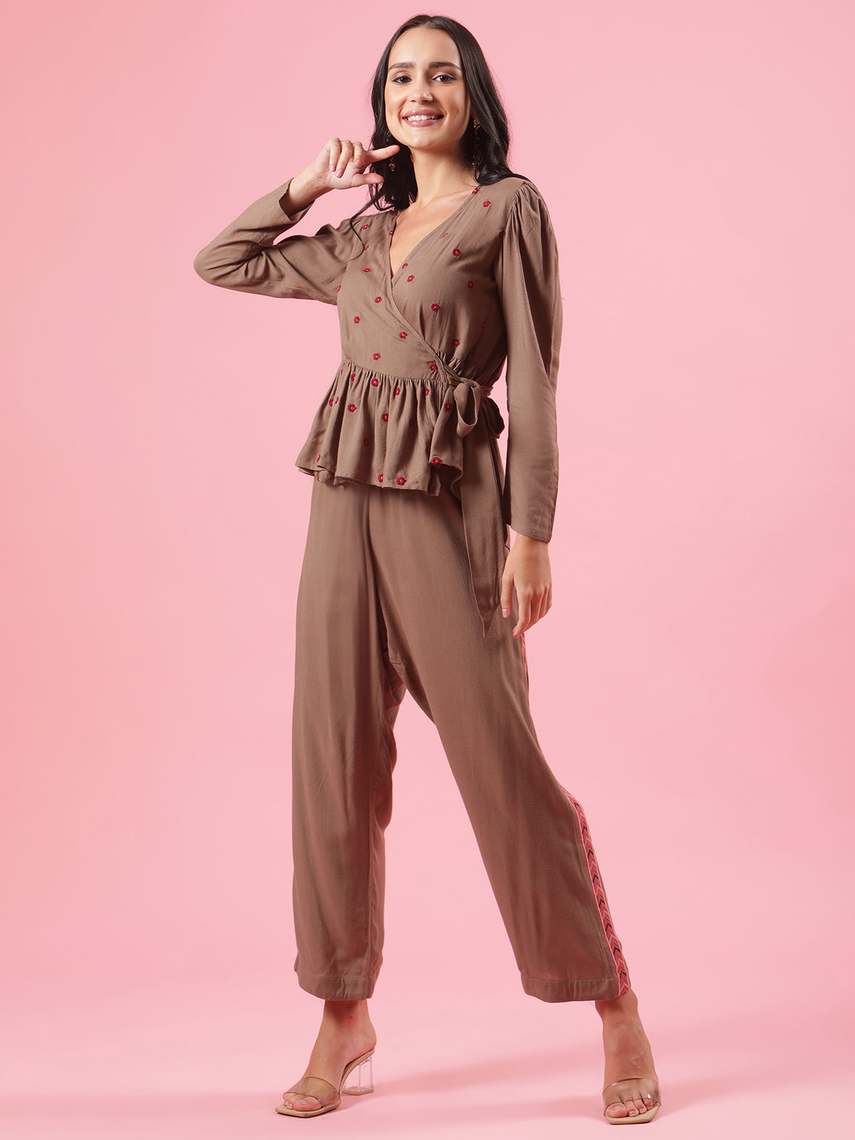 Golden Hour Brown Embroidered Cotton Womens  Co-ord Set with Wrap Top and Pants