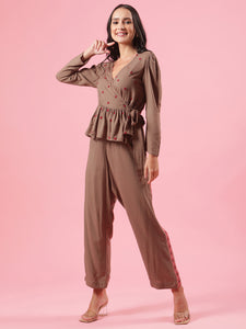 Golden Hour Brown Embroidered Cotton Womens  Co-ord Set with Wrap Top and Pants