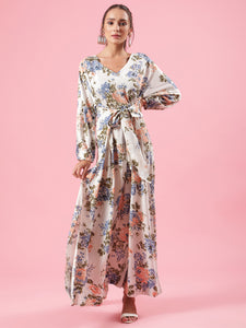 Peach Me White and Peach Floral Womens Summer Maxi Dress with Full Sleeves and Knot Detail