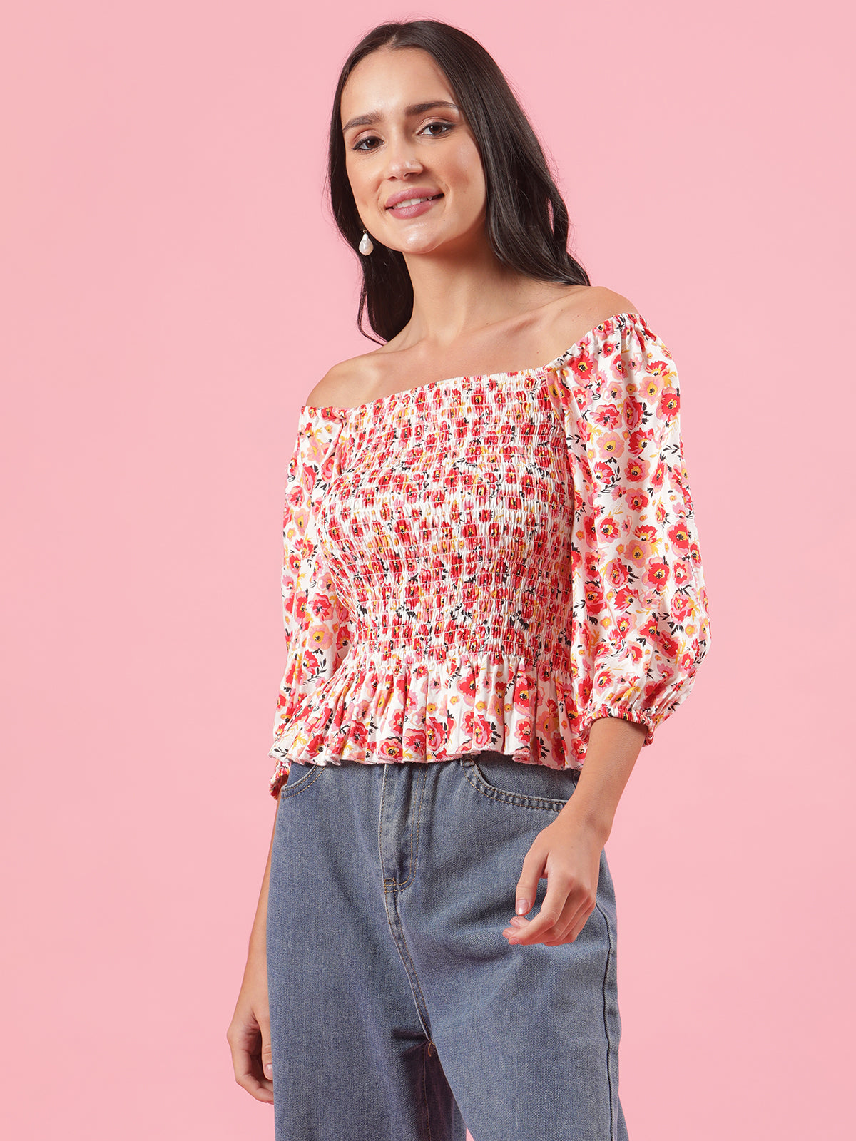 Sweet Pea Off Shoulder Floral Womens Summer Top with Smocking Detail