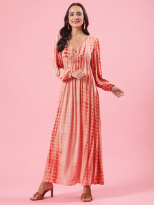 Amber Lights Peach Shibori Tie and Dye Print Womens Cotton Maxi Dress with Full Sleeves