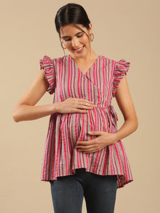 Ruby Pink Cotton Stripe Wrap Maternity Top