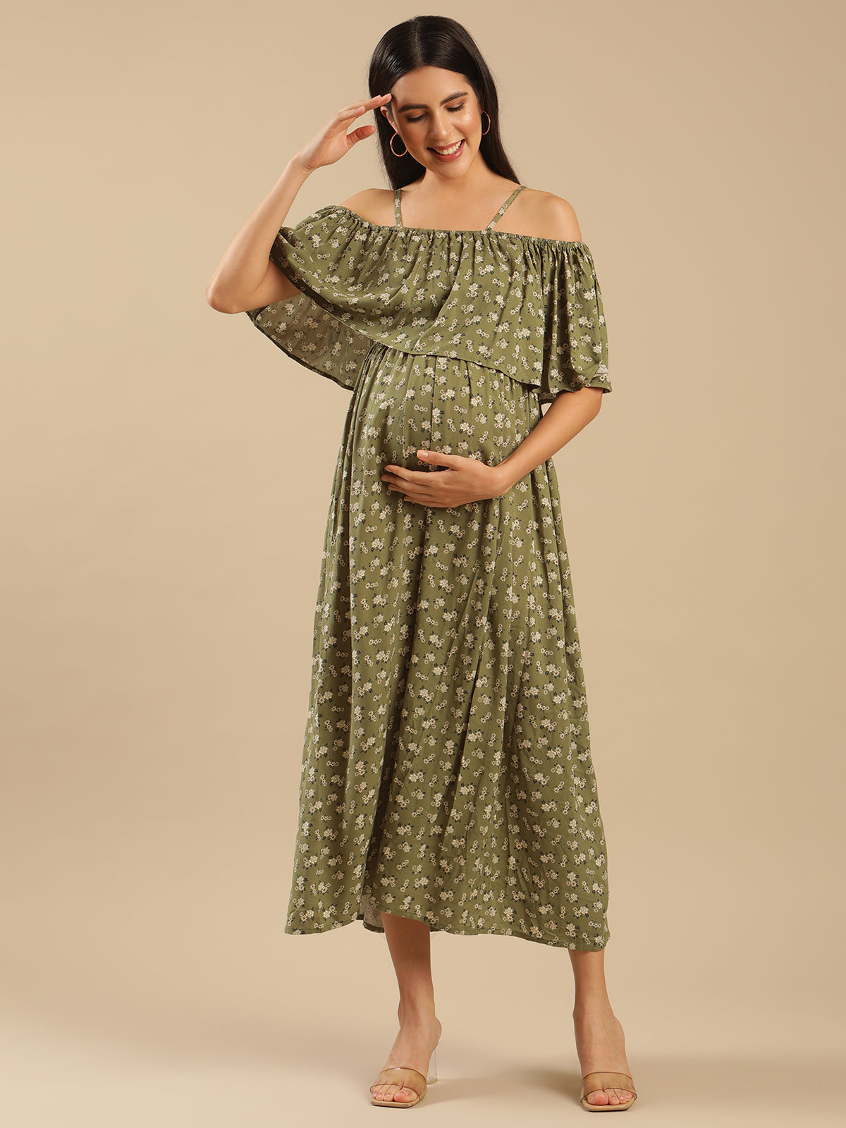 Elena Green Floral Off Shoulder Nursing Maternity Maxi Dress Womens with Hidden Zippers