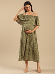 Elena Green Floral Off Shoulder Nursing Maternity Maxi Dress Womens with Hidden Zippers