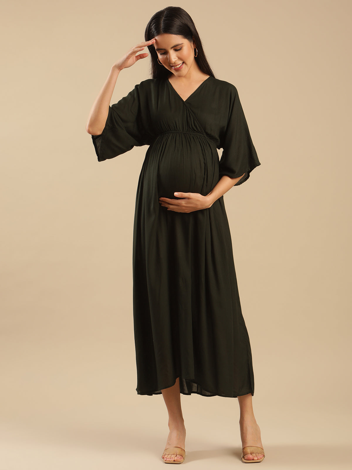 Mia Kimono Green Viscose Nursing Maternity Dress