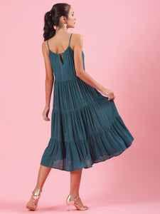 Peacock Golden Teal Womens Stylish Cocktail Party Tier Dress with Golden Details