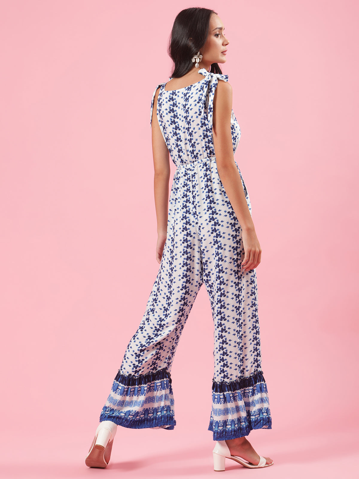 One Wish Boho Blue and White Print Womens Summer Jumpsuit with Tie Details on Shoulder