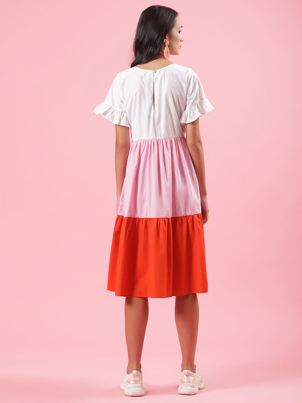 Candy Floss Womens Cotton Summer Tier Dress in White Pink Orange