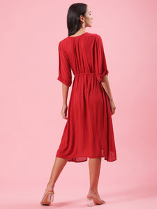 Razzle Berry Womens Red Midi Cotton Dress with Drawstring Details