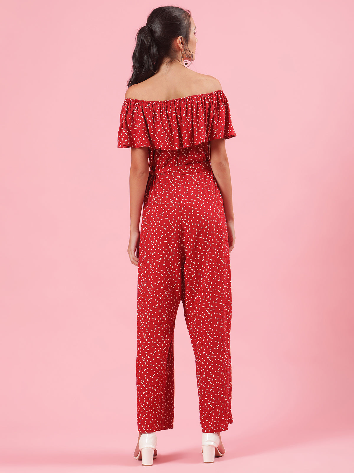 Retro Red Off Shoulder Polka Dot Womens Casual Jumpsuit with Belt