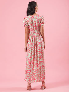 Blossom Pink Floral Womens Cotton Maxi Dress with Button Detail and Slit