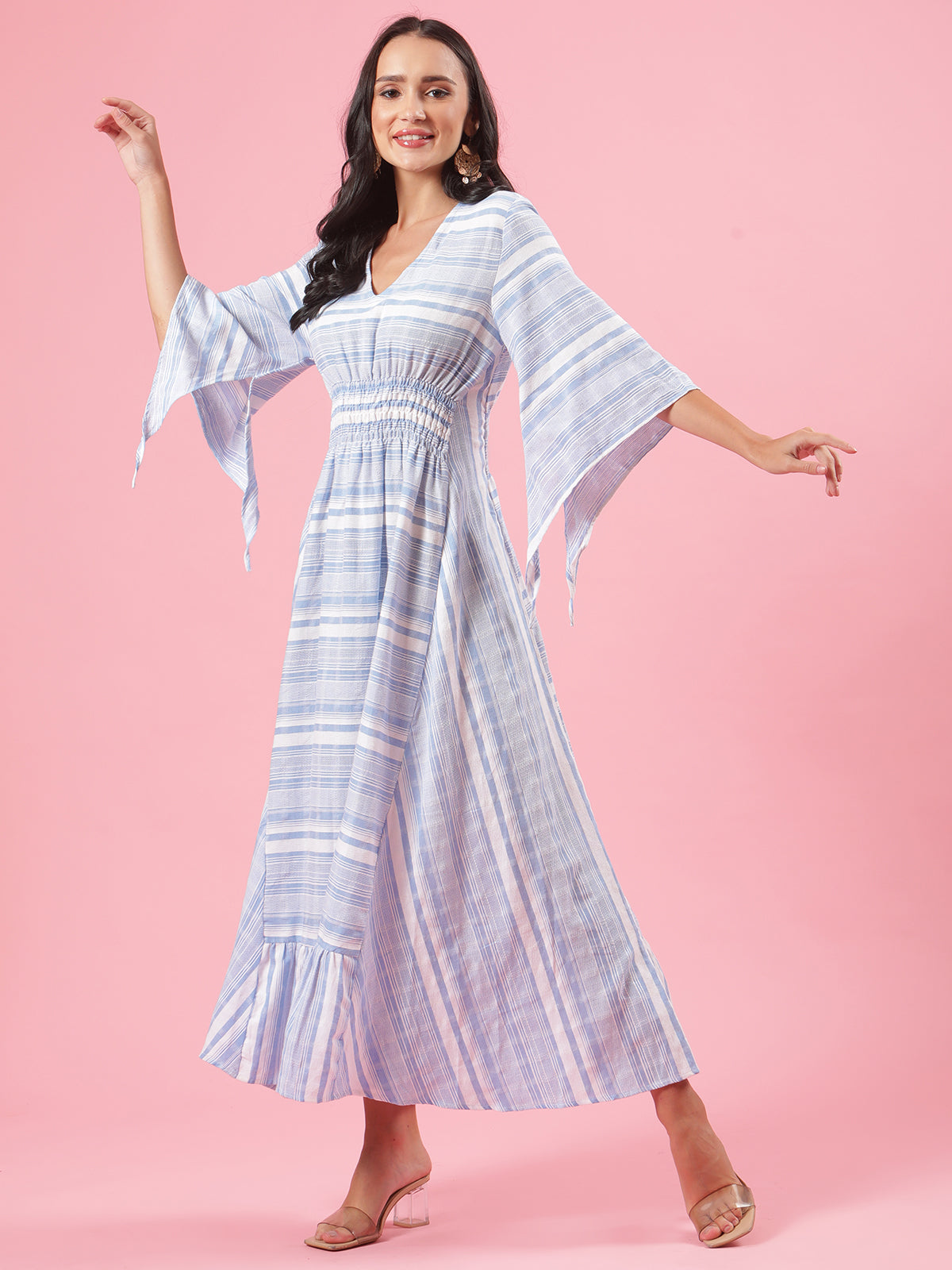 Sea Shell White and Blue Womens Striped Cotton Maxi Summer Dress