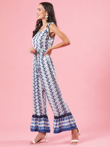 One Wish Boho Blue and White Print Womens Summer Jumpsuit with Tie Details on Shoulder