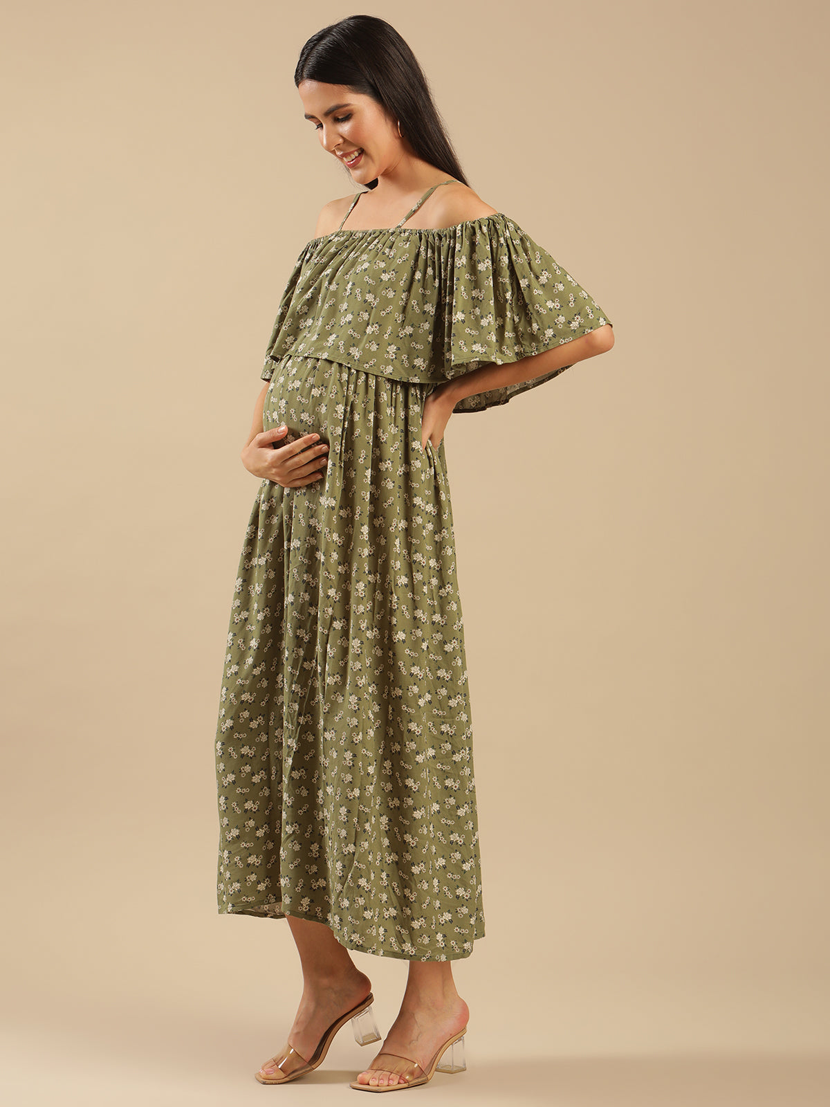 Elena Green Floral Off Shoulder Nursing Maternity Maxi Dress Womens with Hidden Zippers