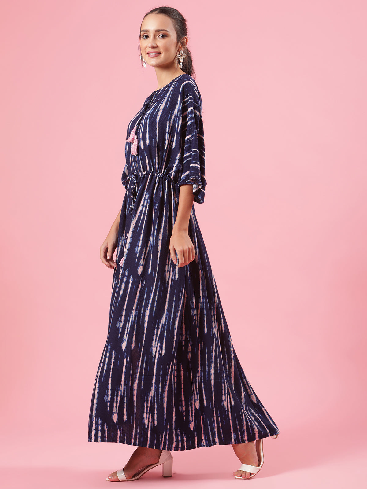 Shibori Tie and Dye Womens Summer Kaftan Dress with Tassles