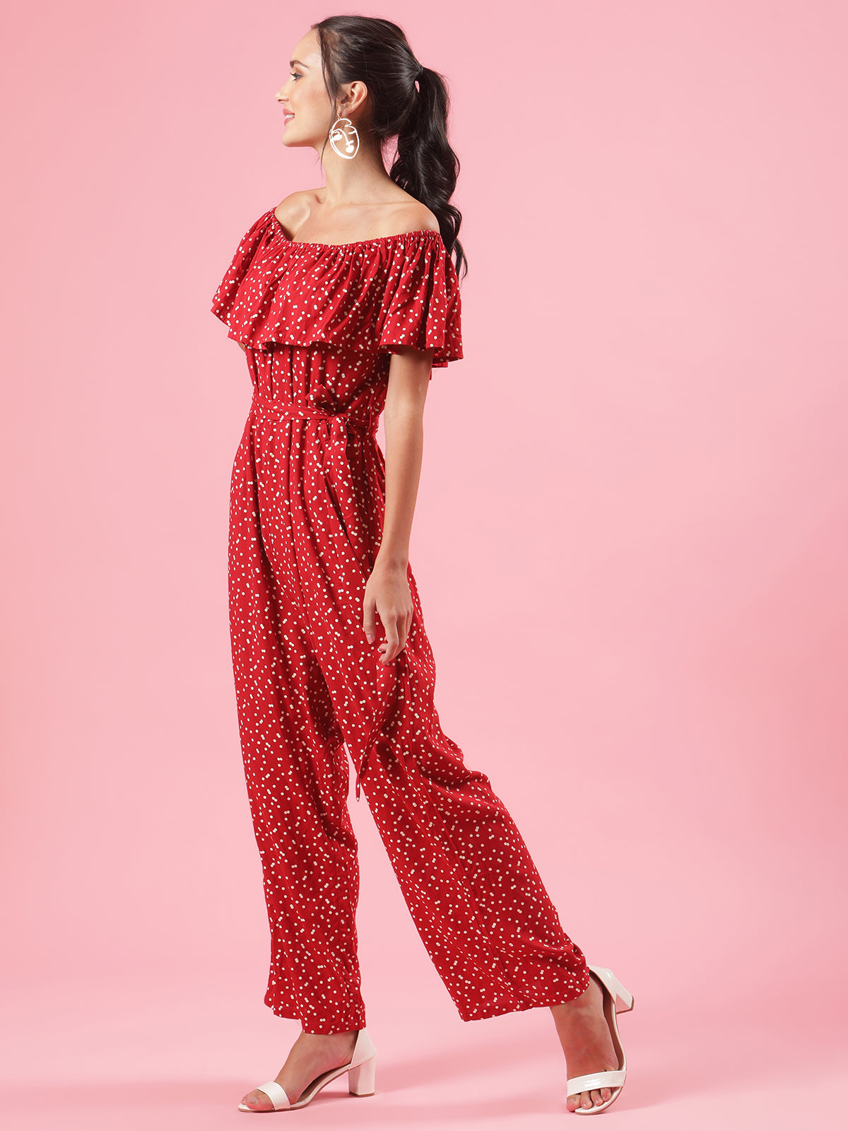 Retro Red Off Shoulder Polka Dot Womens Casual Jumpsuit with Belt