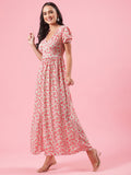 Blossom Pink Floral Womens Cotton Maxi Dress with Button Detail and Slit