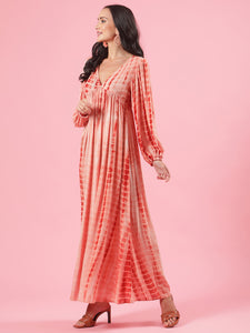 Amber Lights Peach Shibori Tie and Dye Print Womens Cotton Maxi Dress with Full Sleeves