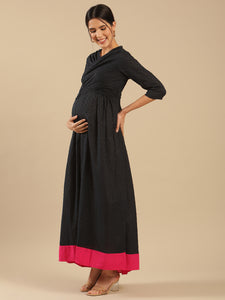 Zoyi Navy Cotton Dobby Nursing Maternity Dress