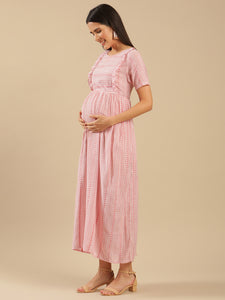Luna Red Cotton Jacquard Nursing Maternity Dress