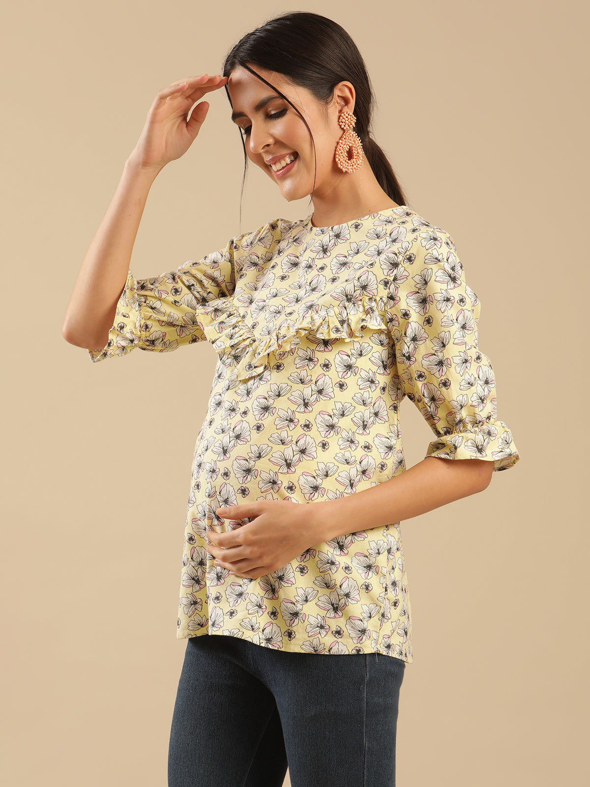 Layla Cotton Yellow Floral Printed Nursing Maternity Top