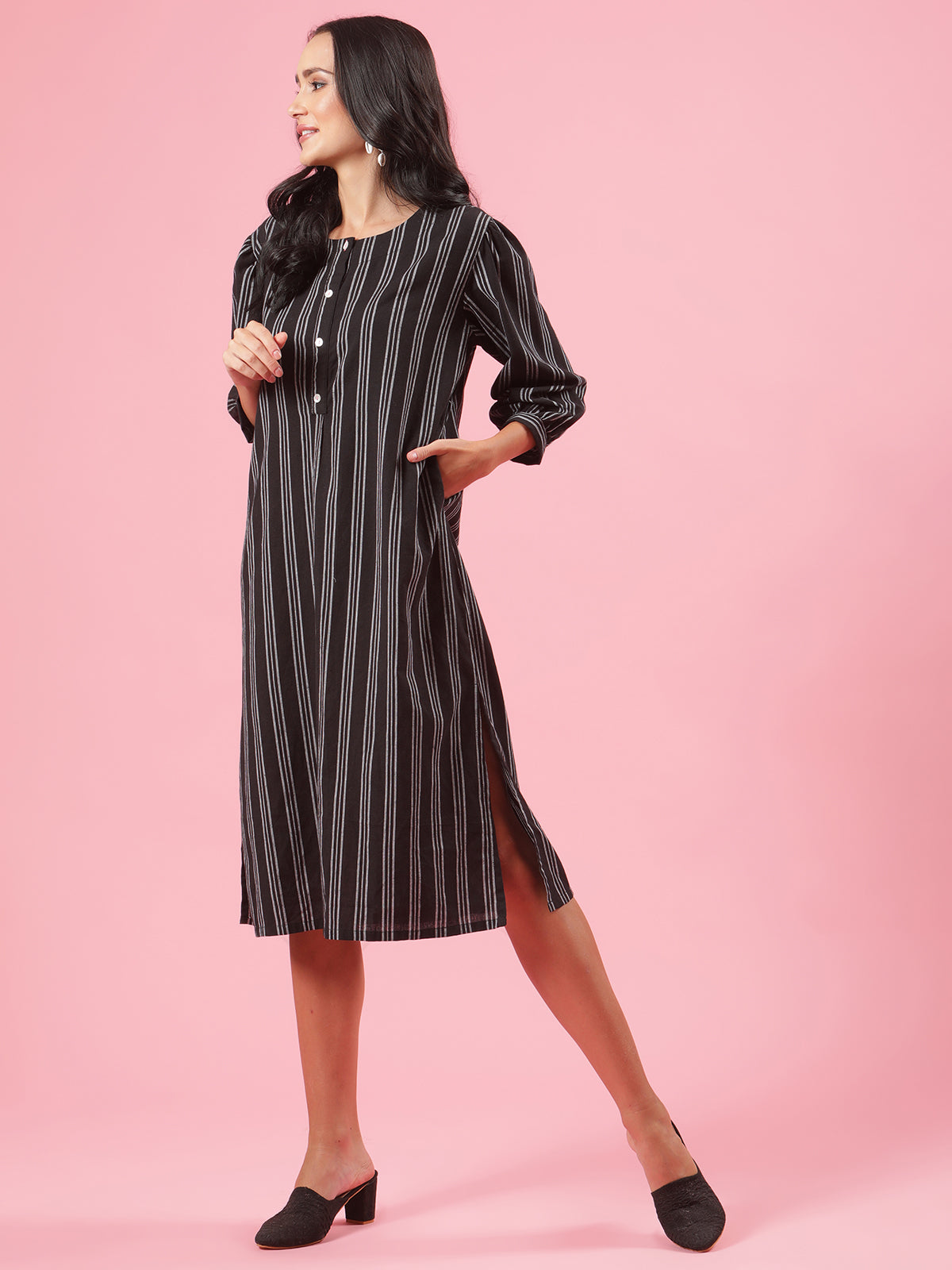 Midnight Black and White Stripe Summer Cotton Office Wear Midi Dress