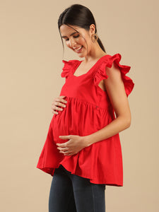 Aster Red Cotton Peplum Maternity Nursing Top