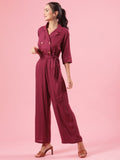 In the Stars Stylish Maroon Blazer Fit Cotton Womens Jumpsuit with Belt and Pockets