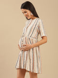 Caramel Beige Viscose Stripe Maternity Dress