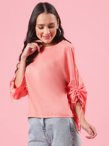 Amore Womens Pink Statement Sleeves Casual Summer Top with Drawstring Office Wear