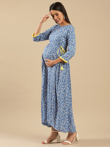Naomi Blue Viscose Floral Maternity Dress