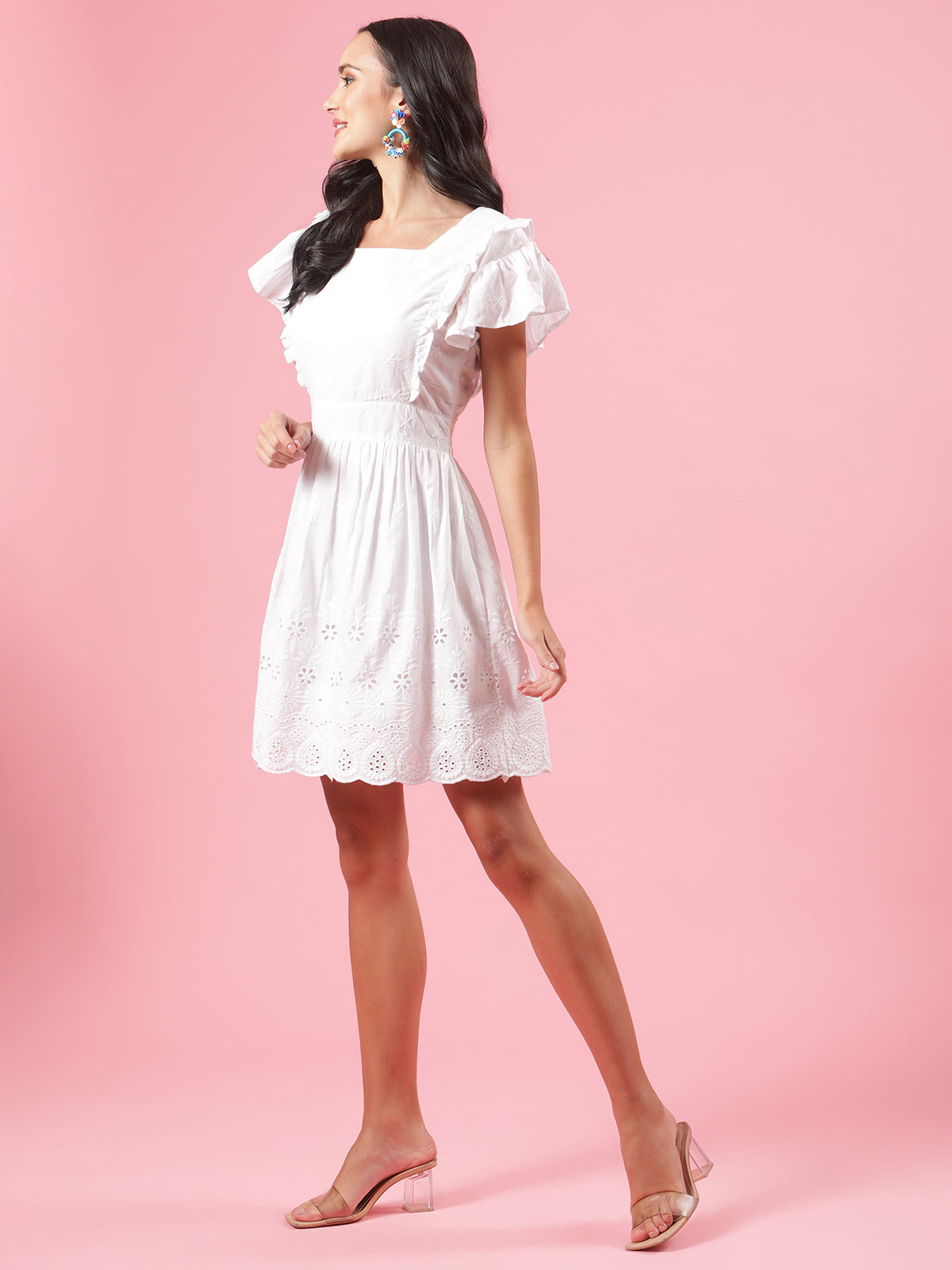 Blaze White Schiffli Womens Cotton Summer Party Dress with Frills