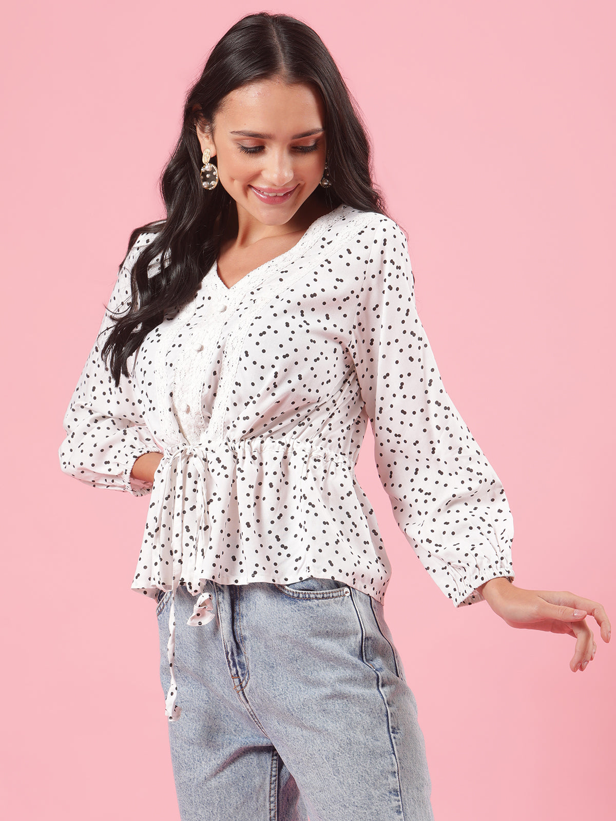 Mono Chrome White and Black Polka Dot Womens Casual Top with Lace and Drawstring Details