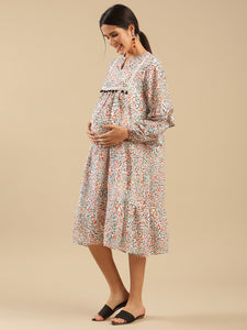 Daisy Pom Pom White Printed Womens Maternity Party Dress