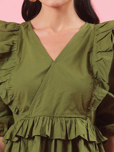 Dear Darling Womens Olive Green Peplum Top with Ruffle Details Office Wear