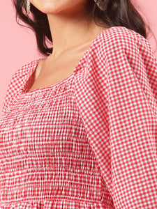 Cherry Womens Red and White Gingham Check Off Shoulder Dress with Sleeves