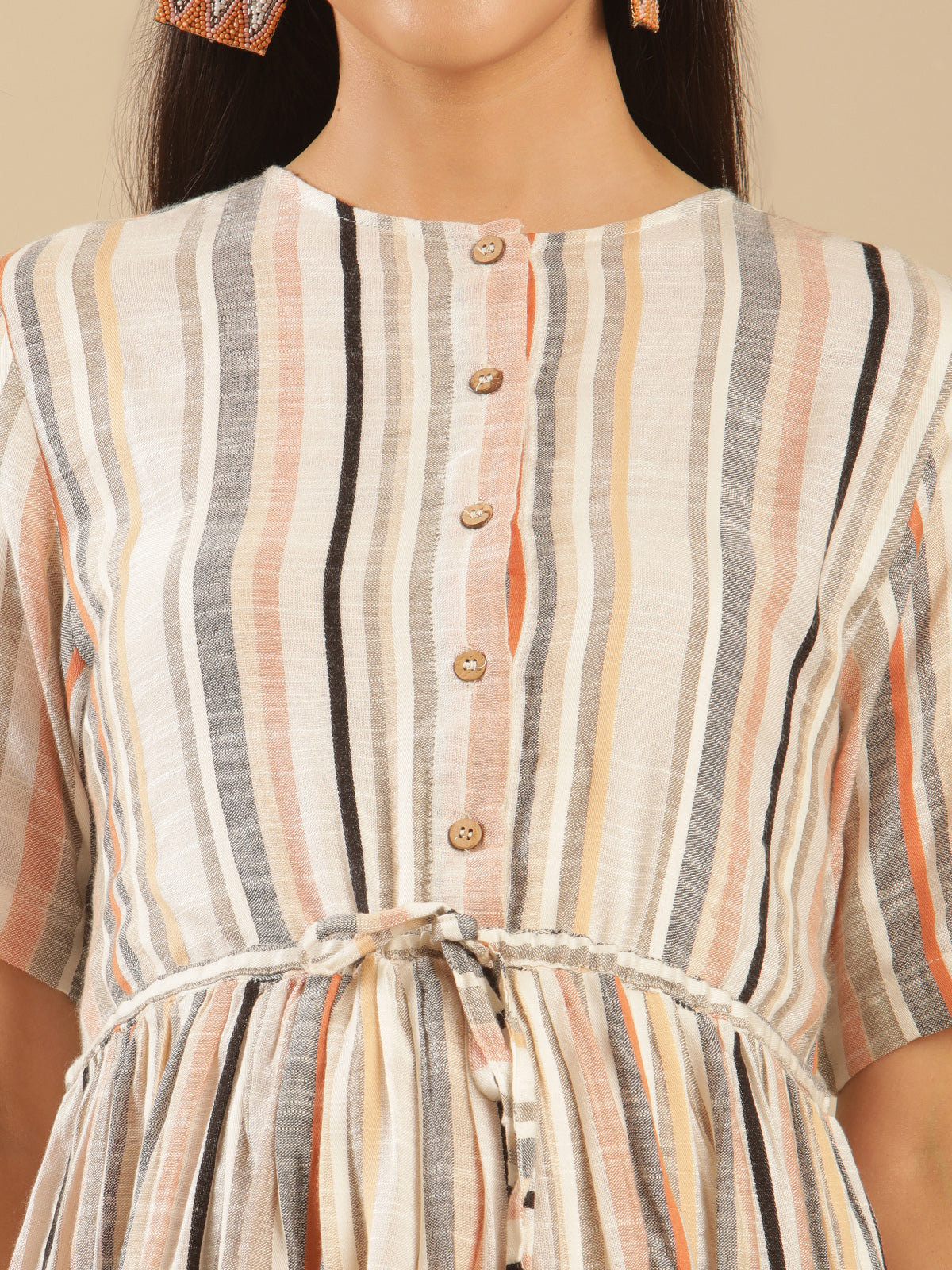 Caramel Beige Viscose Stripe Maternity Dress