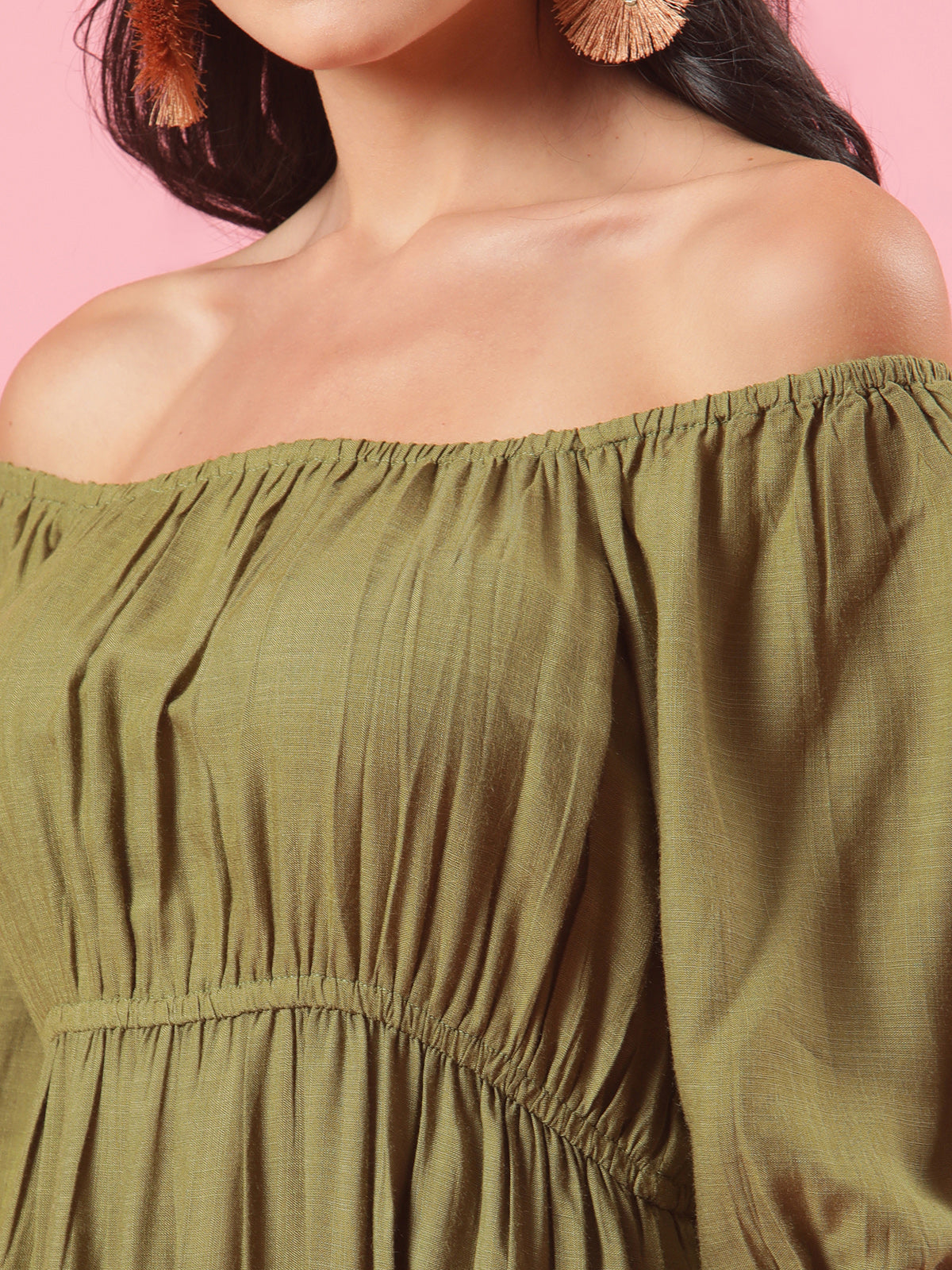 Savana Olive Green Off-Shoulder Casual Summer Dress with Slit