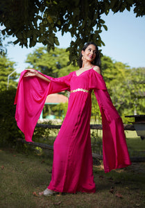 Kamal Hot Pink Stylish Indo-Western Womens Party Jumpsuit with Cape Sleeves Detail for Cocktail