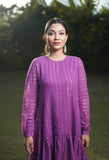 Dia High Low Purple Lurex Womens Party Dress with Full Sleeves