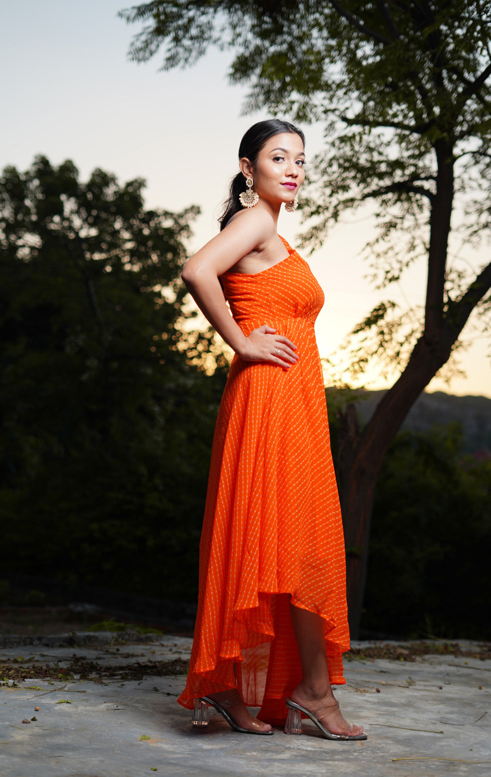 Madhu Orange One Shoulder Stylish Womens Indo Western Leheriya Dress for Cocktail