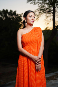 Madhu Orange One Shoulder Stylish Womens Indo Western Leheriya Dress for Cocktail