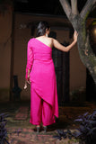 Tara Hot Pink Indo-Western Leheriya One Shoulder Party Co-ord Set for Women for Festive Wear