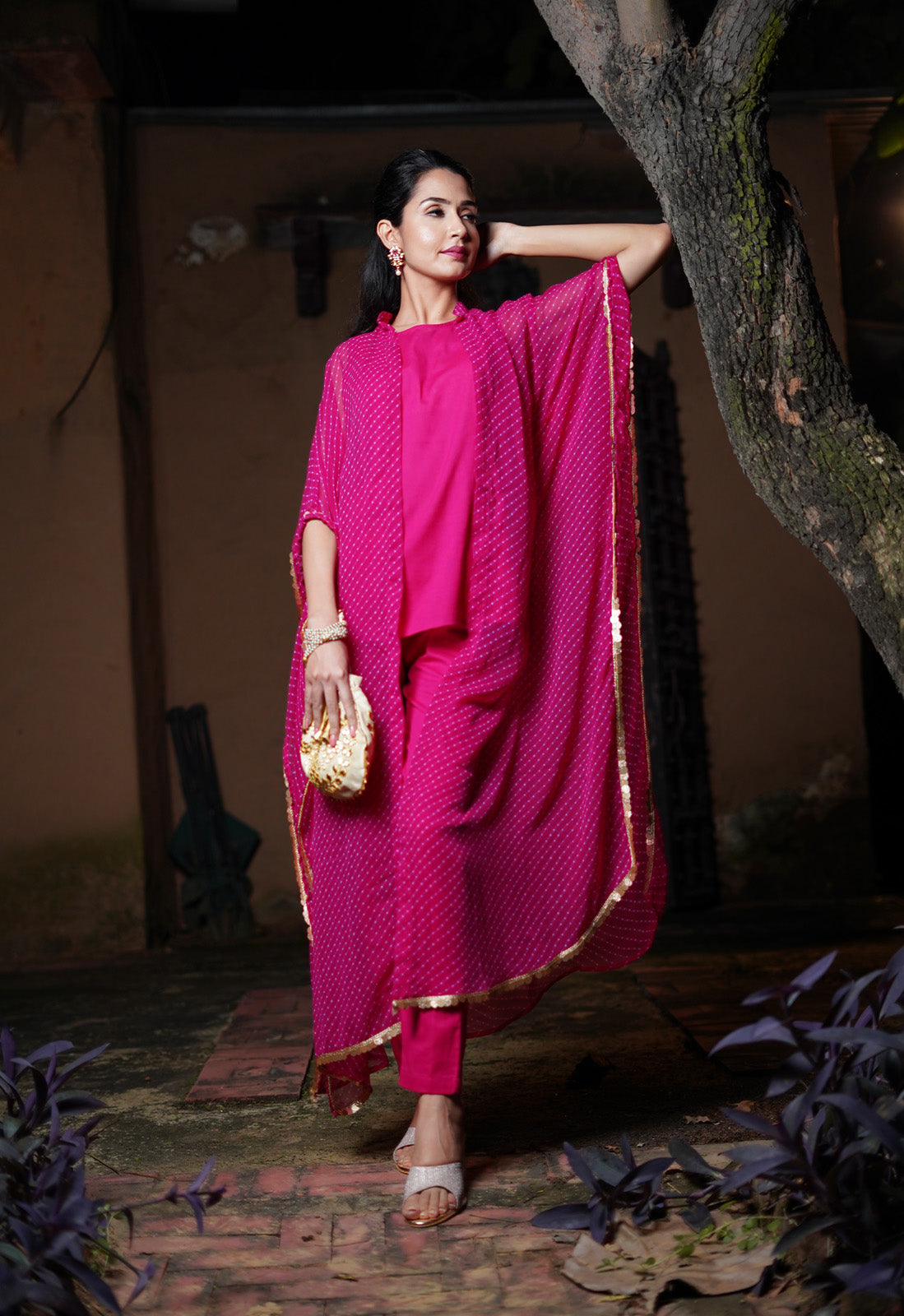 Arya Hot Pink Womens Indo-Western Party Co-ord-Set with Bandhani Cape and Pants