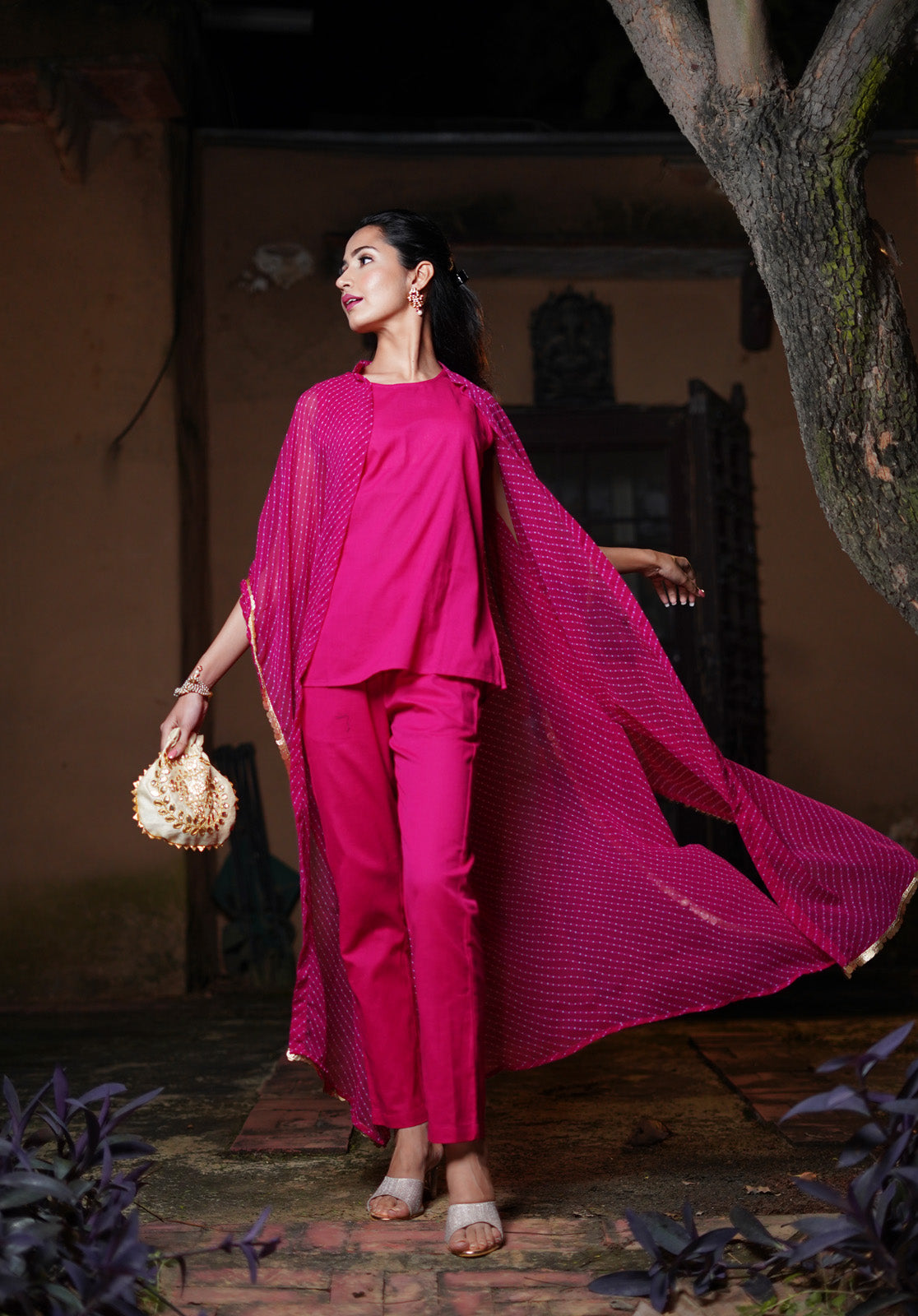 Arya Hot Pink Womens Indo-Western Party Co-ord-Set with Bandhani Cape and Pants