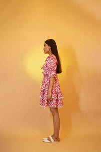Hawaii Pink Floral Casual Tier Dress for Women with Lace and Ruffle Details