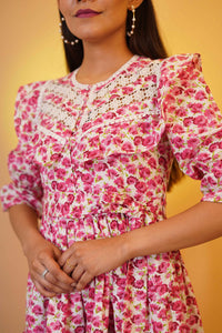 Hawaii Pink Floral Casual Tier Dress for Women with Lace and Ruffle Details